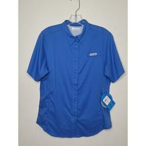 NWT Columbia PFG UPF 40 blue short sleeve button down shirt - medium **FLAW**